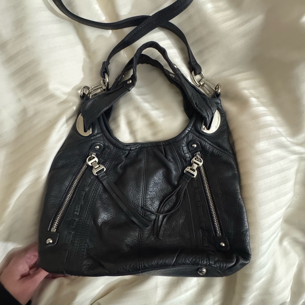 Black Soft Leather Shoulder or crossbody Bag with Silver hardware.